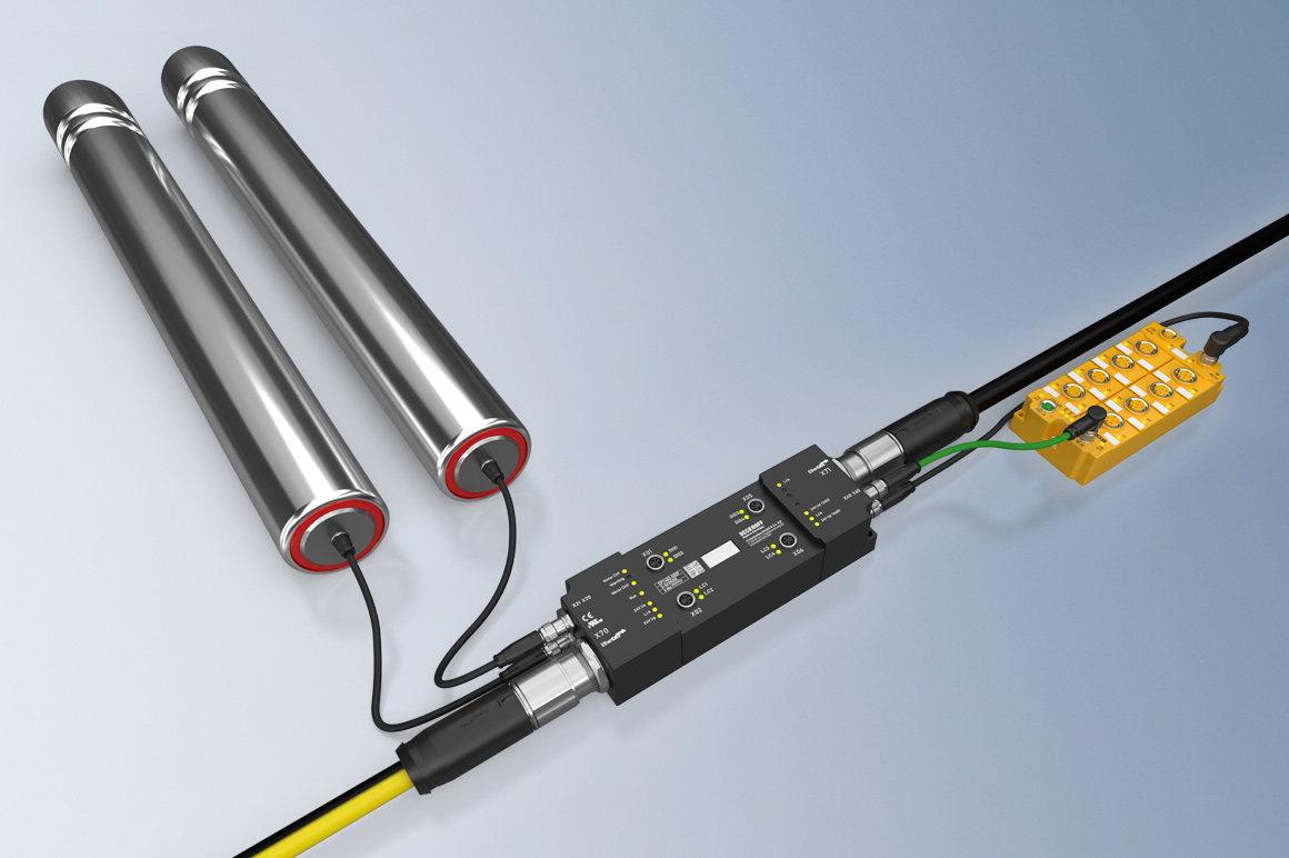 The EP7402-0057 motor controller box takes over complete control of the roller motor, irrespective of the manufacturer of the conveyor or motor.