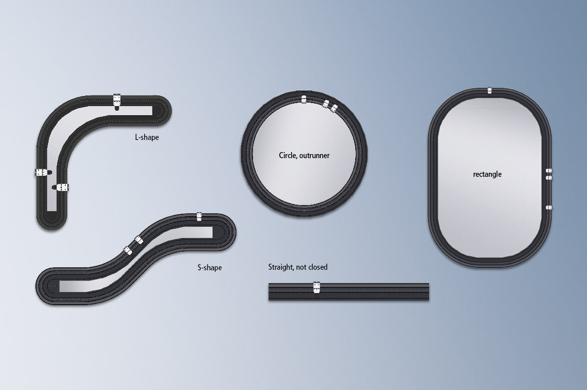 Straight lines and curves with different diameters facilitate the implementation of application-specific travel paths.