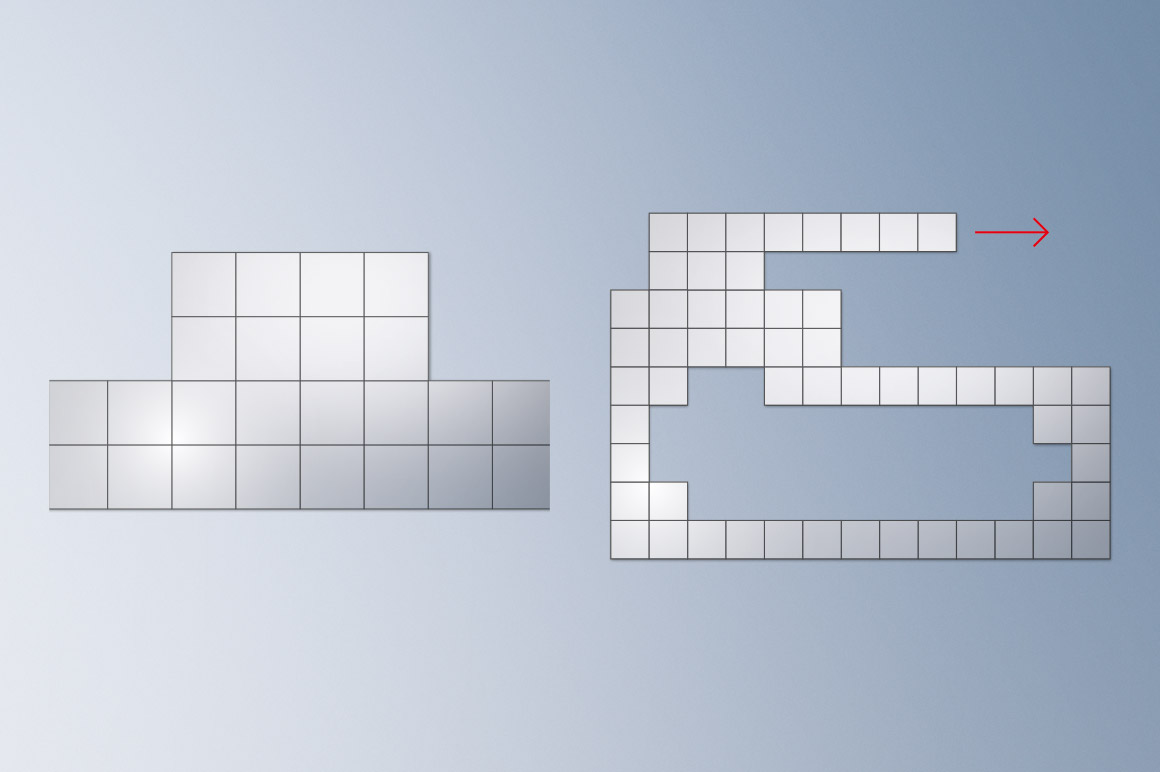 Mit den Planarkacheln im Format 24 x 24 cm lassen sich beliebige Geometrien umsetzen. Durch einfaches Aneinanderfügen der Module können Größe und Form der Fläche frei skaliert und gewählt werden.