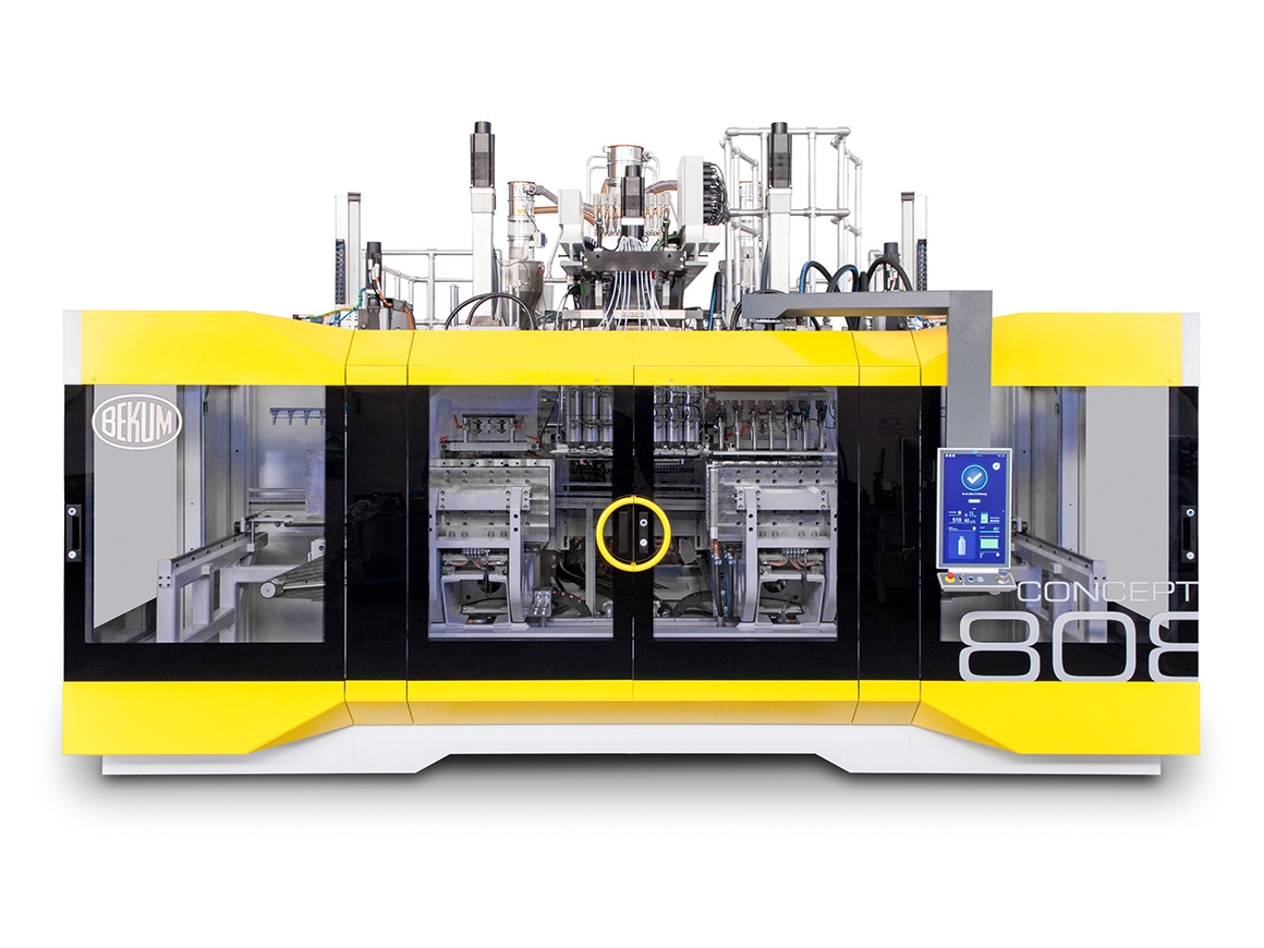 Extrusions-Blasformmaschine Concept 808 von Bekum: Das moderne Maschinendesign wird ergänzt durch ein kundenspezifisches Multitouch-Bedienpanel von Beckhoff im 16:9-Format mit Porträtausrichtung.