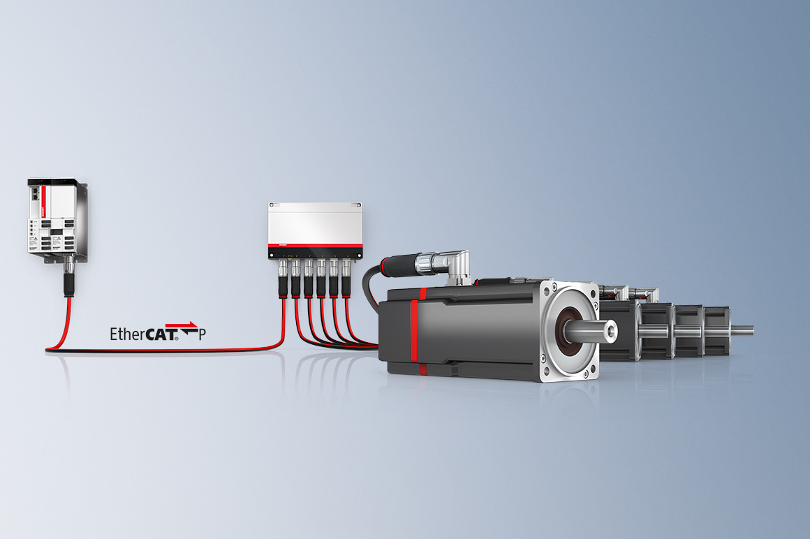 The AMP8000 servomotor with directly integrated servo drive paves the way for the minimization of the control cabinet. The performance values of the motor remain unchanged with a virtually identical size. Reduction to a single coupling module, which supplies several servomotors via a single cable, saves material, space, costs and mounting effort.