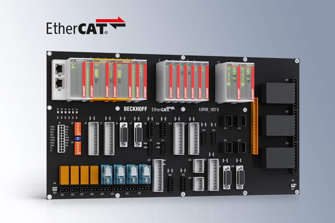 The EtherCAT plug-in modules and the plug level for sensors and actuators can be placed flexibly on the signal distribution board. The development of a signal distribution board is carried out by the user or as a customer-specific solution by Beckhoff.