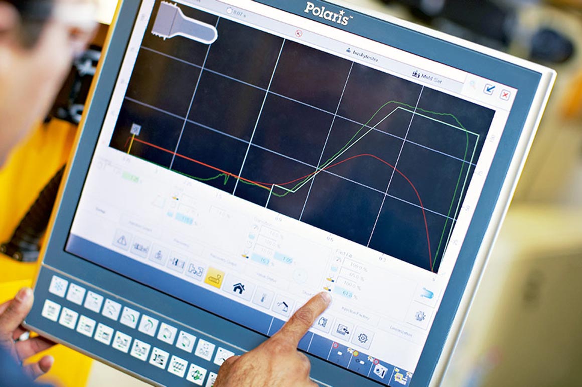 POLARIS™ customer-specific user interface for the HyPET® HPP5 injection molding machine from Husky Injection Molding Systems. Using a CP3919 19-inch Control Panel, this user interface offers an unmistakable look in a customer-specific design. This gives the machine a clear unique selling point not only on the market, but also within Husky's extensive machine portfolio.