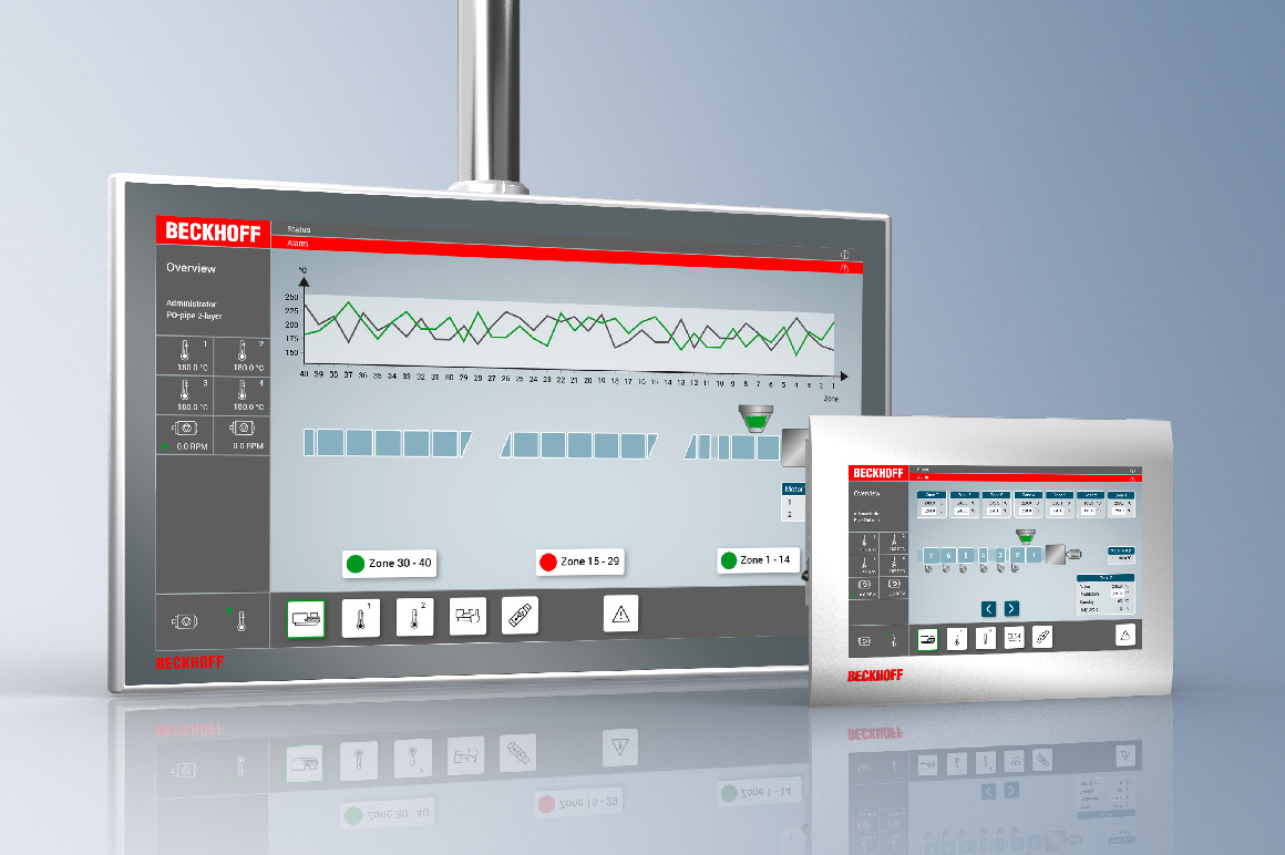 Je nach Anlagenausführung und -größe bietet Beckhoff Bedienpanel in unterschiedlichen Formfaktoren und bei Bedarf in kundenspezifischer Ausführung. Mit TwinCAT HMI steht dem Anwender ein innovatives und zukunftssicheres Werkzeug zur Erstellung von Bedienoberflächen für Extrusionsmaschinen zur Verfügung. Neben der Darstellung auf dem Maschinen-Panel ermöglicht die HTML5-basierte Architektur auch die Präsentation der Maschinendaten auf mobilen Endgeräten.