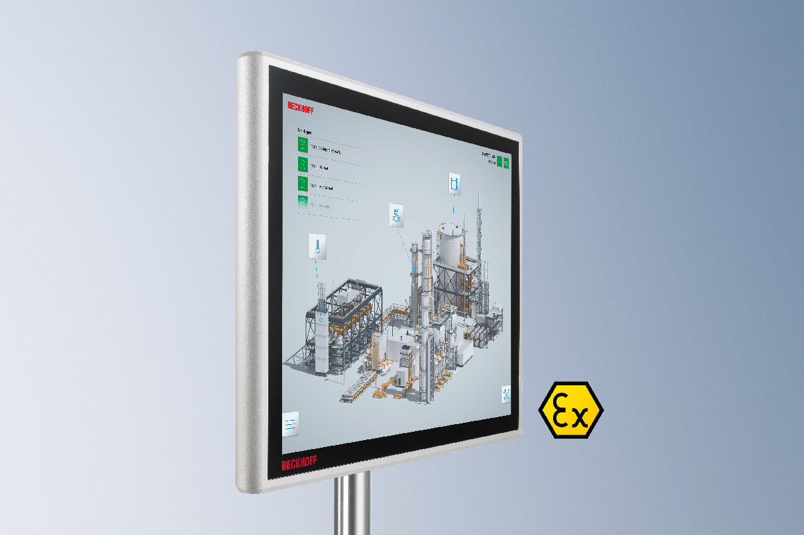 Mit den Modellen der CPX-Panel-Serie ist die bewährte Multitouch-Technologie der Beckhoff Control Panels und Panel-PCs in besonders robuster Ausführung verfügbar und erfüllt somit die Anforderungen für den Einsatz in explosionsgefährdeten Bereichen der Zone 2/22.