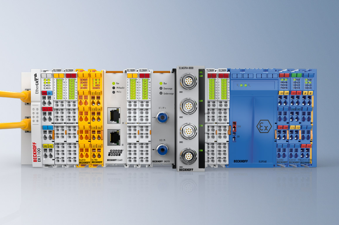 EtherCAT Terminals for measurement technology tasks, functional safety or explosion protection can be combined freely and integrated into a holistic control system.