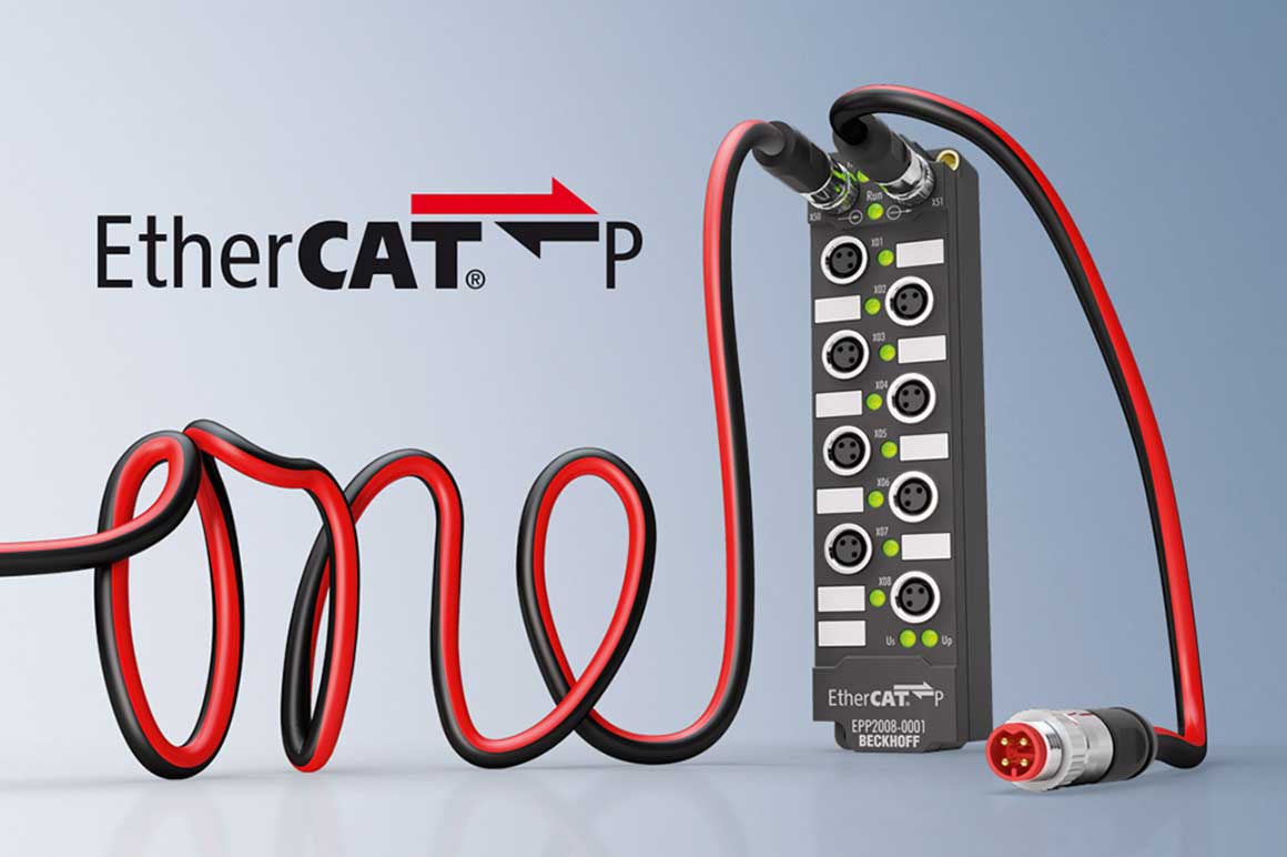 EtherCAT P vereinfacht die Systemverkabelung im Maschinenbau, da Komponenten, Klemmenkästen und Maschinenmodule nur noch über ein Kabel verbunden werden müssen.