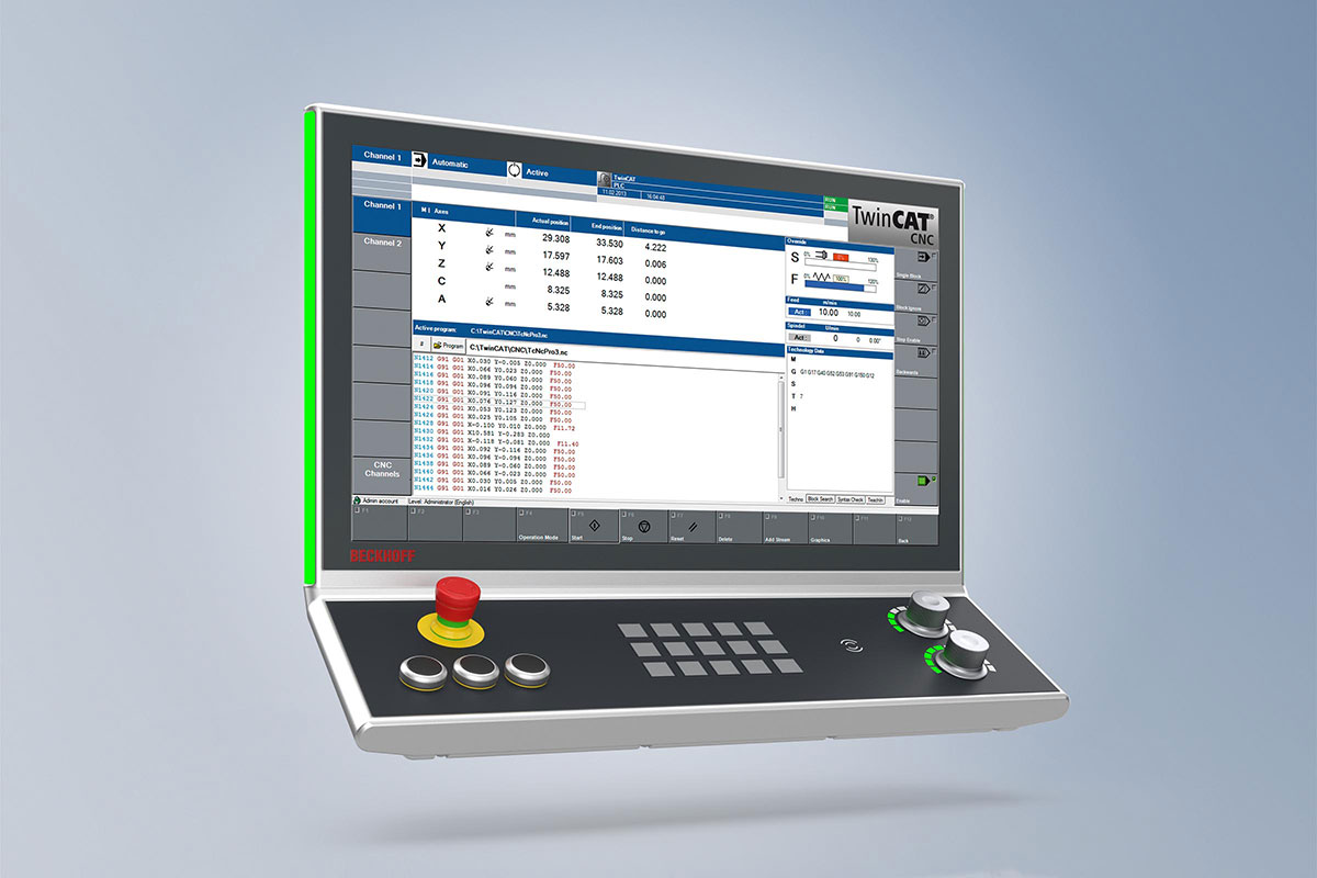 An already predefined panel offers an entry into the CNC world here. A push-button extension optimized for CNC applications enables convenient operation