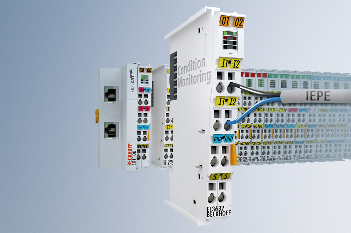 The EL3632 enables the direct connection of various acceleration sensors via an Integrated Electronics Piezo-Electric interface (IEPE) and performs the high-precision vibration measurement.