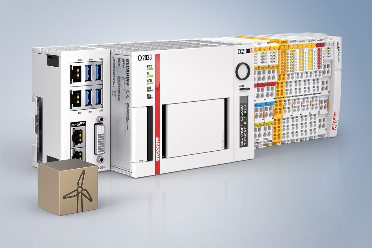 A Beckhoff Embedded PC with line-connected I/O modules, EtherCAT as the universal communication system and TwinCAT automation software function as the central control platform for wind turbines.