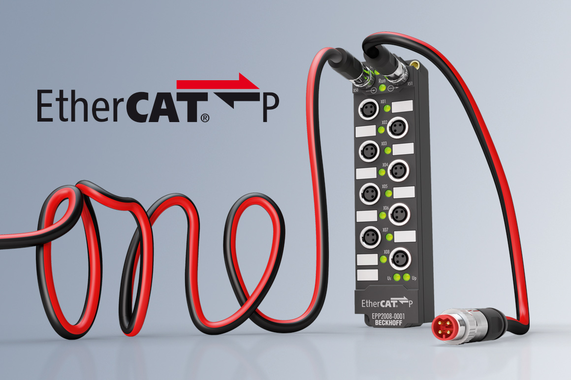 In 2016 the EtherCAT P extension set a further milestone with the transfer of EtherCAT communication and supply voltage (2 x 24 V) on a standard Cat.5 cable. This concept becomes the basis for machines without control cabinets.