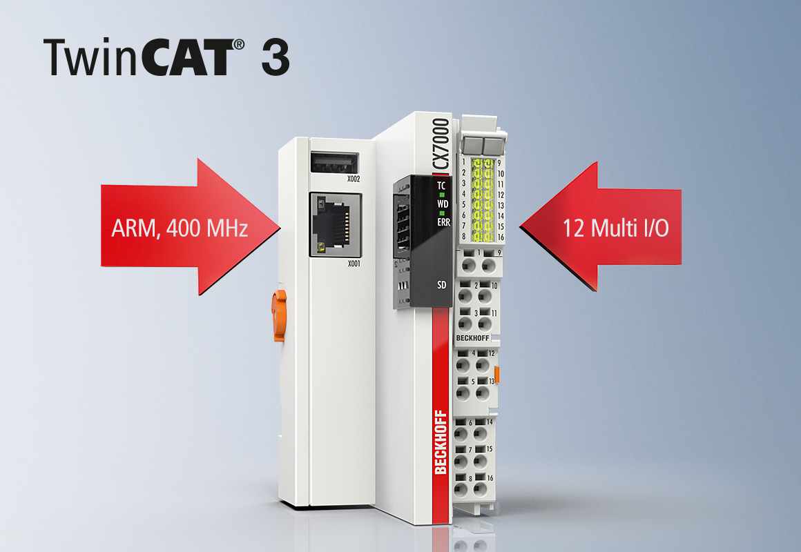 The CX7000 Embedded PC can be used as a high-performance and cost-effective small controller with TwinCAT 3 and can be extended as desired by Bus Terminals or EtherCAT Terminals.