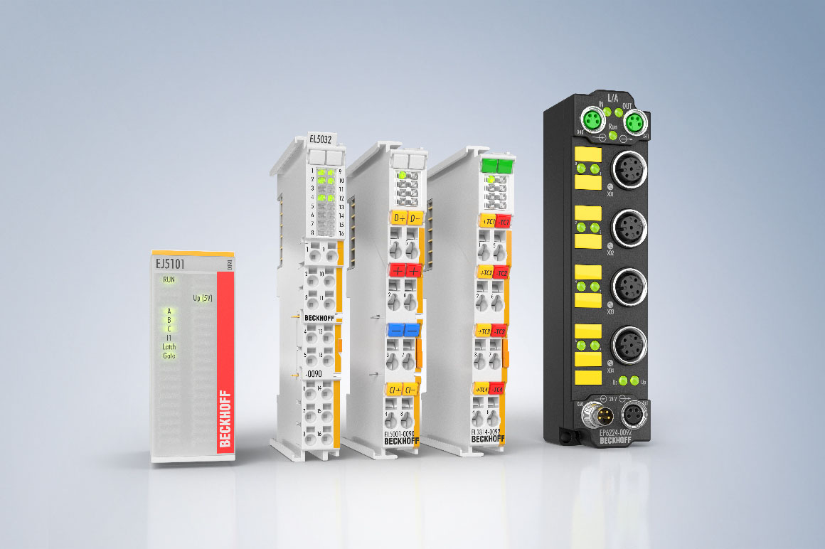 TwinSAFE-SC-I/Os sind als EtherCAT-Klemmen, EtherCAT-Box-Module und EtherCAT-Steckmodule verfügbar und unterscheiden sich optisch von Standard-I/Os durch eine gelbe Markierung auf der Gehäusefront.