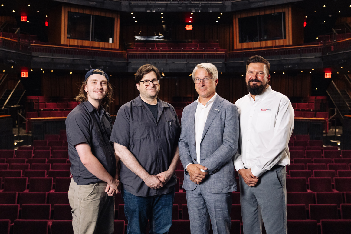 The backstage crew at PAC NYC: (from left) Hunter Cole, Jon Weston, and Mark Witteveen of The Chicago Flyhouse, Inc. meet with Jason Toon of Beckhoff USA.