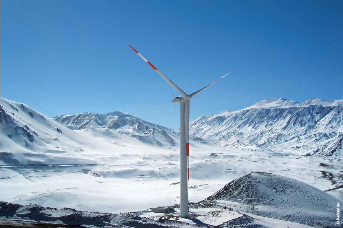 Regenerative Energien, wie hier durch die Windenergieanlage von DeWind für die 4.300 m hoch gelegene argentinische Veladero-Goldmine, müssen beim Netzbetrieb durch eine möglichst detaillierte Messdatenerfassung berücksichtigt werden.