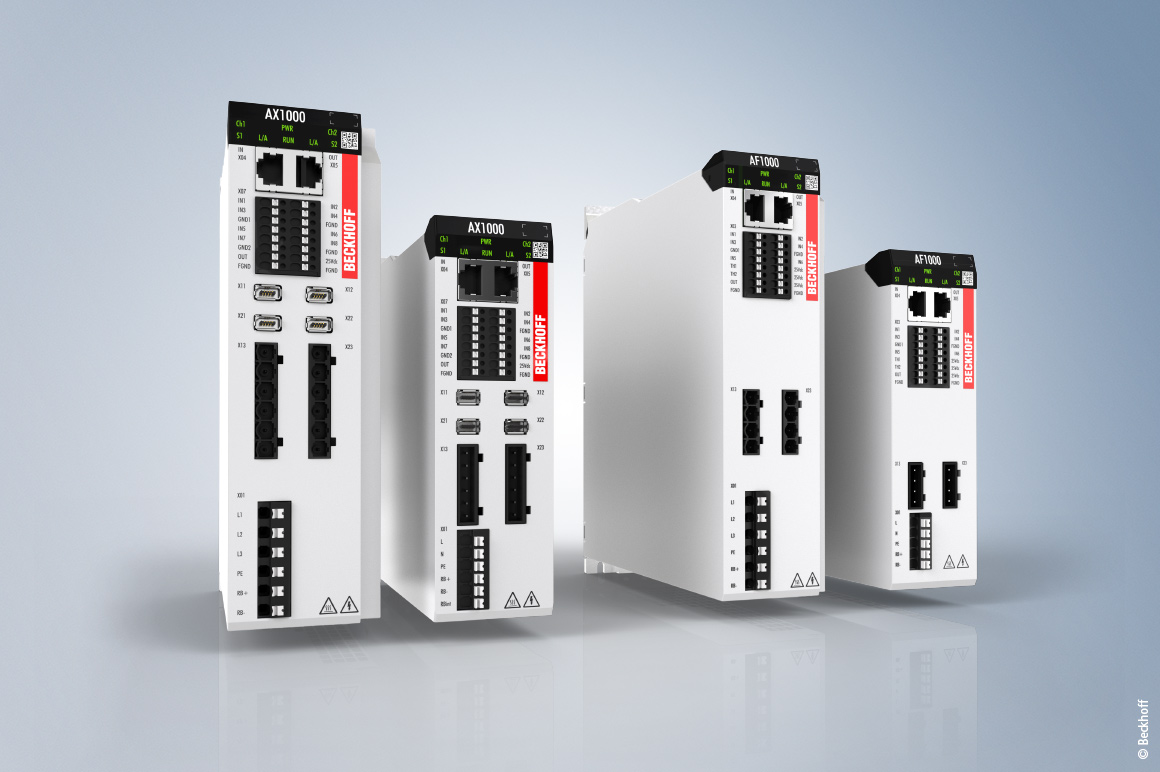 The new AX1000 servo drives (left) and AF1000 variable frequency drives (right), both fully integrated into the TwinCAT system, are particularly suitable for cost-sensitive applications and can be used together in seamless side-by-side installations.