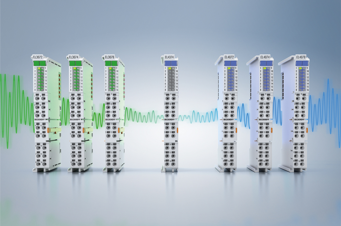 Die neue Generation EtherCAT-Analog-Klemmen wird zur SPS mit den Multifunktionsausgangsklemmen EL4172 und EL4174 nochmals erweitert.