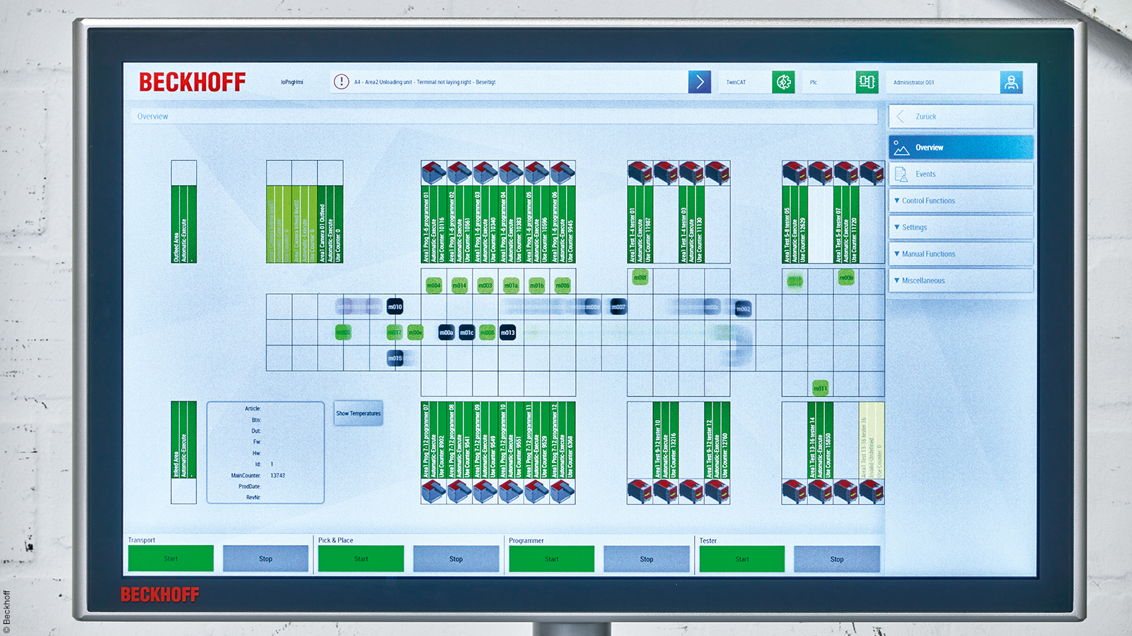 Die Positionen der 33, über insgesamt 100 XPlanar-Kacheln schwebenden Mover werden in Echtzeit in der mit TwinCAT HMI projektierten Visualisierung angezeigt.