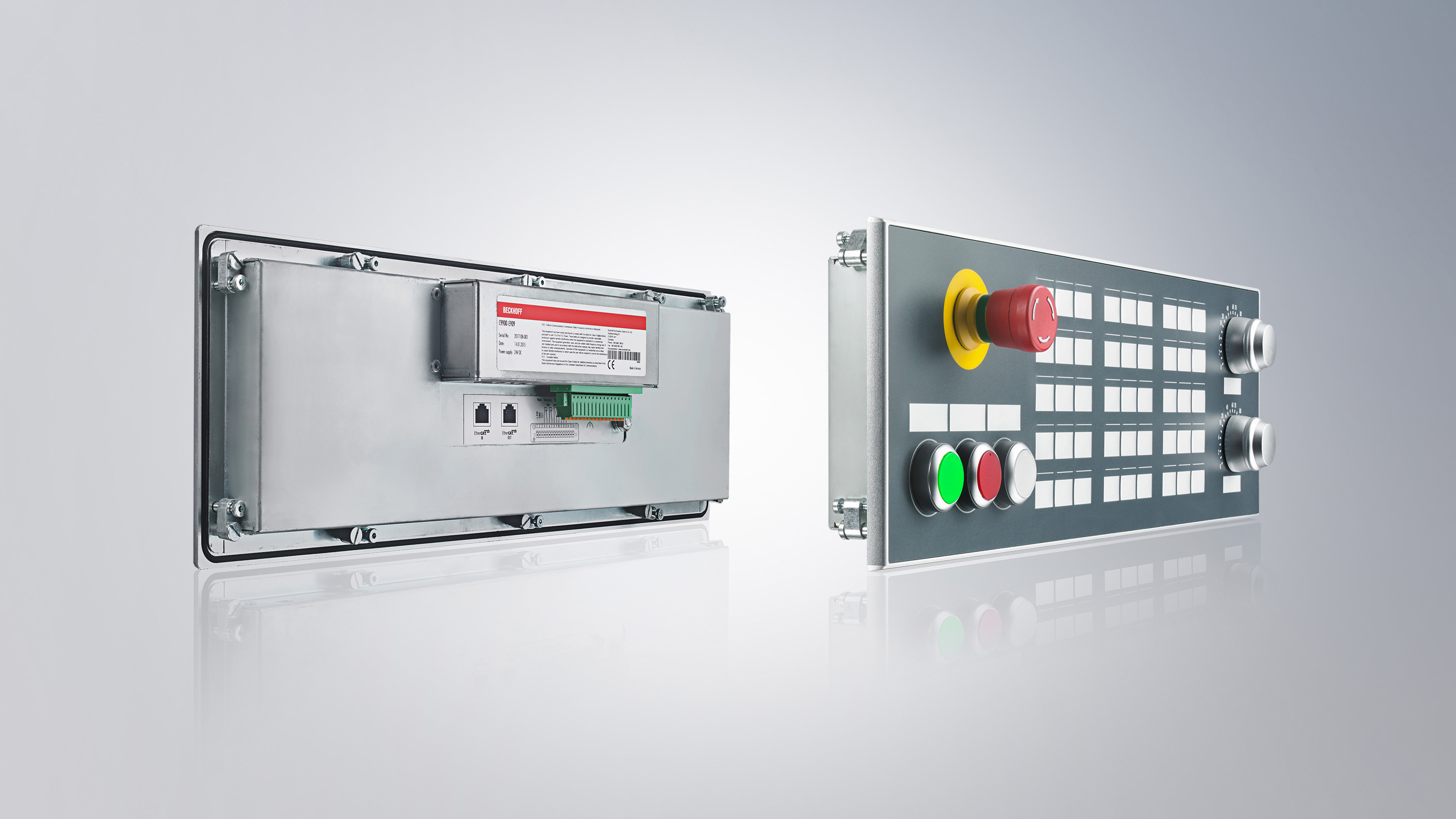 C9900-E909: 51-part built-in push button module with IP65 front design, emergency stop and special CNC design with EtherCAT connection