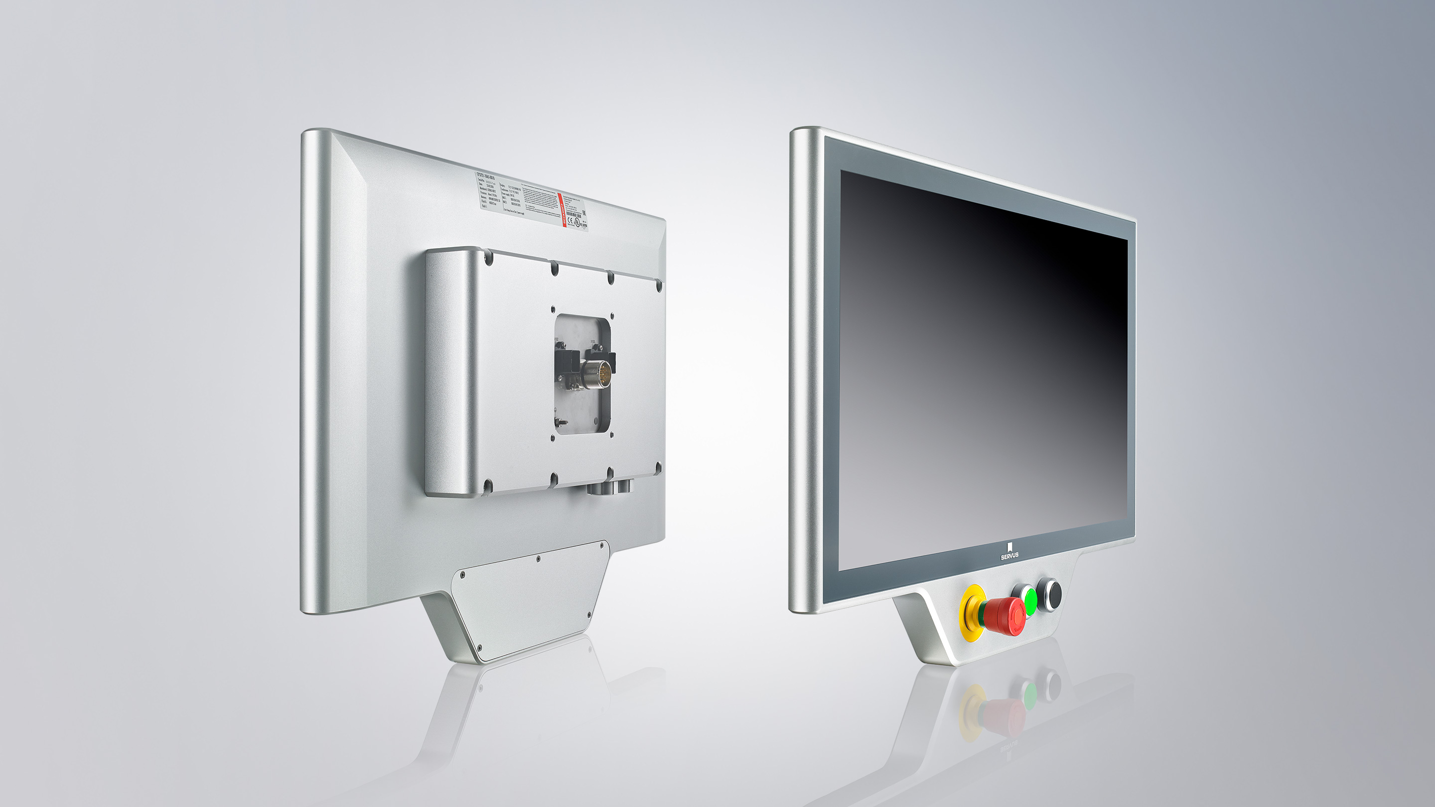 CP3721-1xxx: 21.5-inch panel PC with customized logo print and compact push-button extension, mounting arm connection via four M6 threads at intervals of 100 x 100 mm