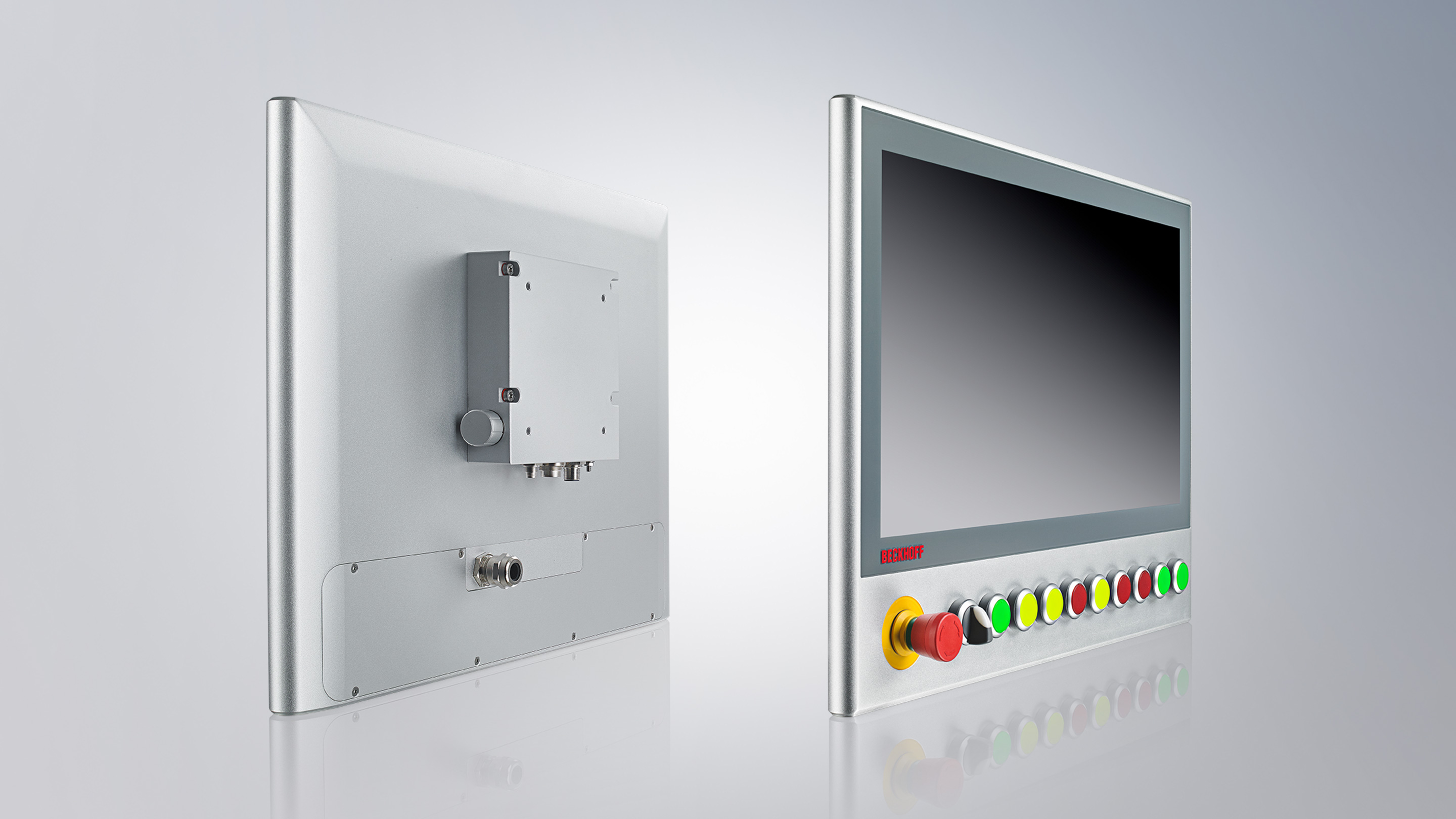 CP3918-1xxx: 18.5-inch display with specially configured keyboard extension, free selection of the inserted switching elements from quantity 1 using the panel configuration tool, connection of the keys via USB or parallel wiring via round connector integrated at the rear