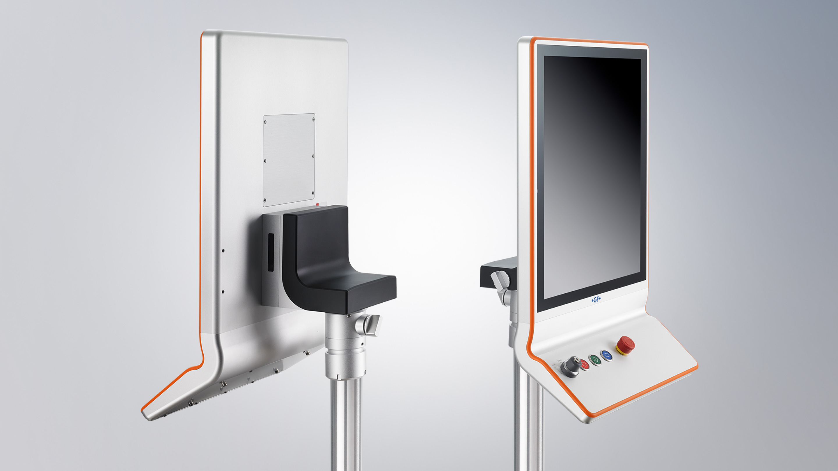 CP3919-1xxx: 19-Zoll-5:4-Display im Aluminiumgehäuse mit orangefarbenem Keder und ergonomisch geformter Tastererweiterung, angepasst an das Corporate Design