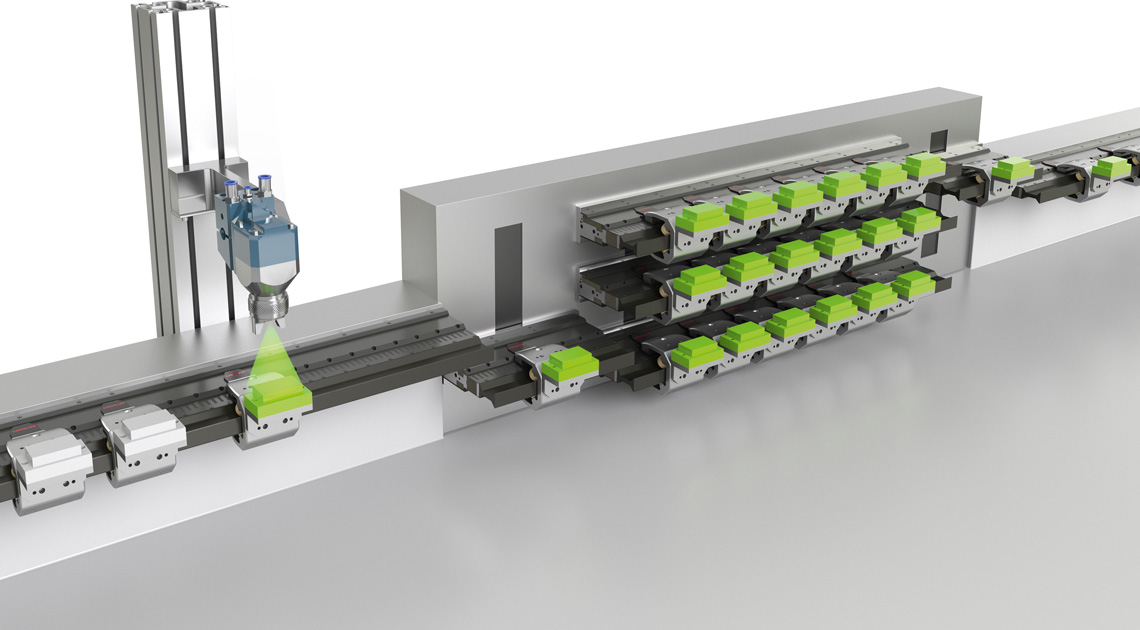 Das XTS Track Management bietet die ideale Grundlage, um auch bei minimiertem Maschinen-Footprint ausreichend große Teilespeicher (Bildmitte) zu realisieren.