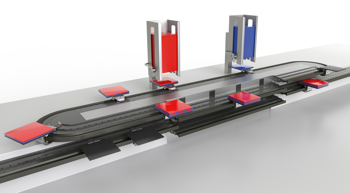 Product output can be significantly increased during time-consuming coating processes, for example, by using multiple separate processing stations and the targeted re-insertion of the products into the primary production process (below).