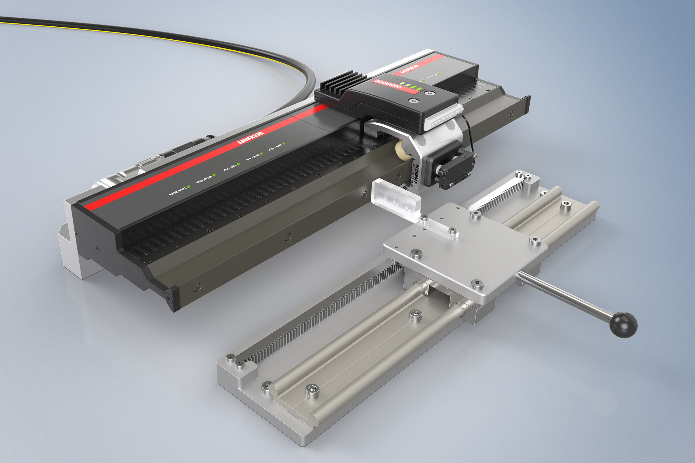 The connection of different types of sensors and actuators on the mover is particularly easy via open interfaces with direct linking to the TwinCAT control system. One example is distance control with an ultrasonic sensor.