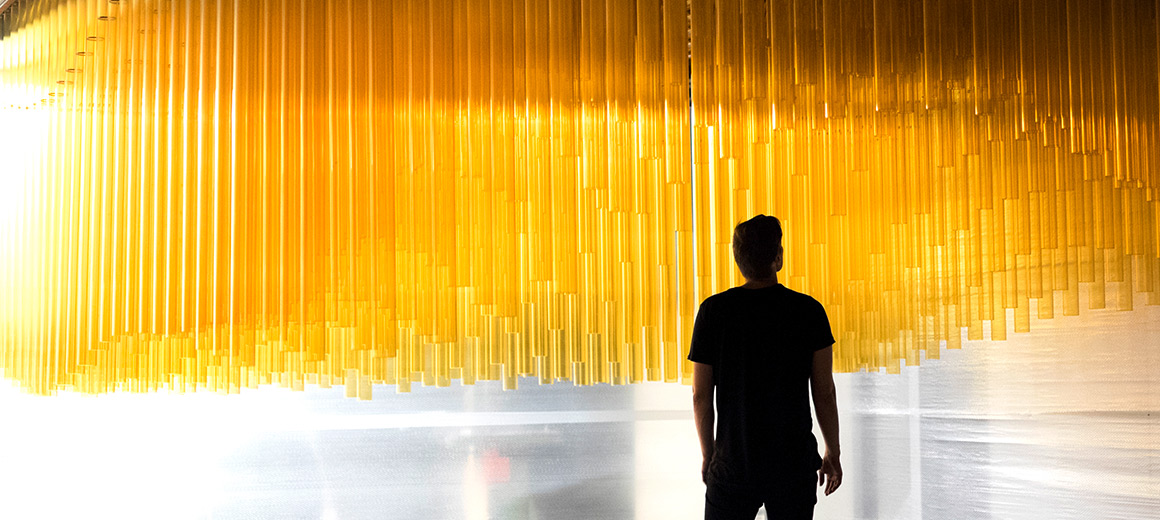 The kinetic installation “Breaking the Surface” consists of a field of 529 plexiglas tubes, constantly moved in such a way that they create a 3D image of undulation in the eye of the viewer. © James Fox